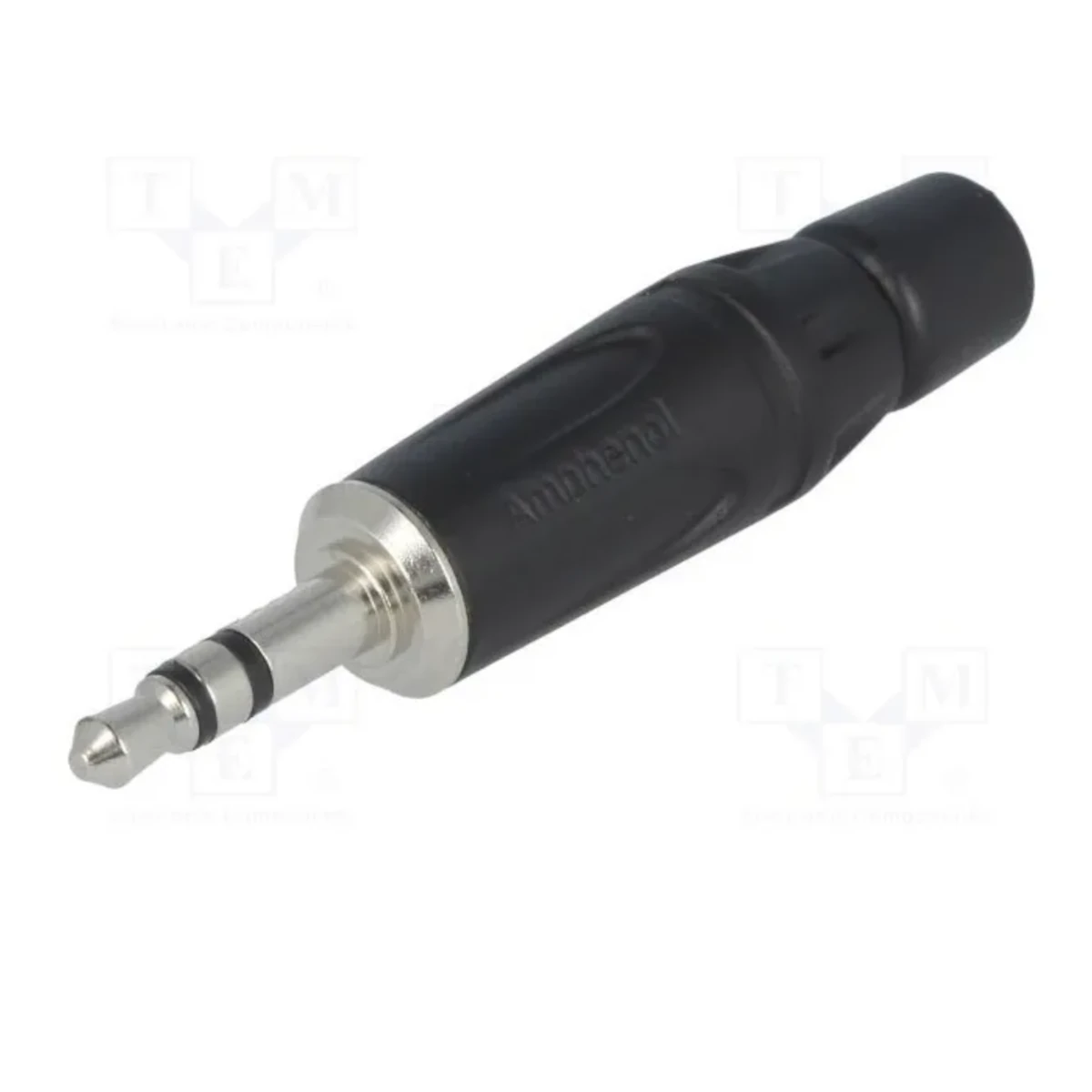 Vista lateral de Conector Ficha Miniplug 3,5 Macho Estereo Amphenol Metal Negro