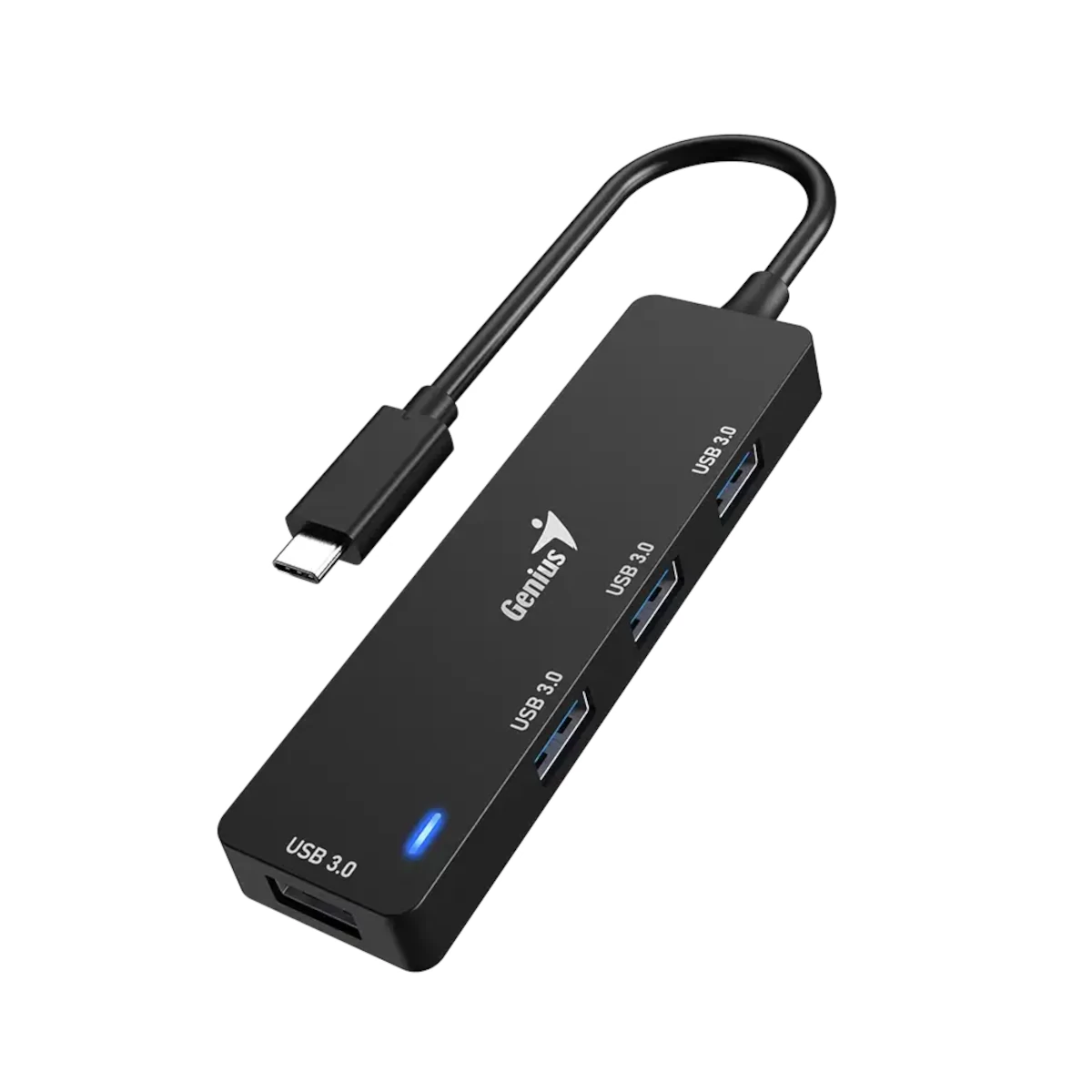 Vista lateral de Hub Usb C 3.0 4 Puertos Usb A 3.0 Negro Cable 15Cm Plastico