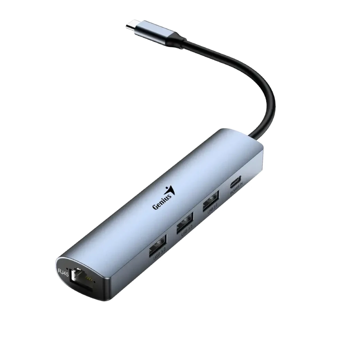 Vista lateral de Hub Usb C 3.0 5 Puertos 1Xrj45 / 3Xusb-A / 1Xusb-C (Entrada Poder Auxiliar) Genius Uh-545