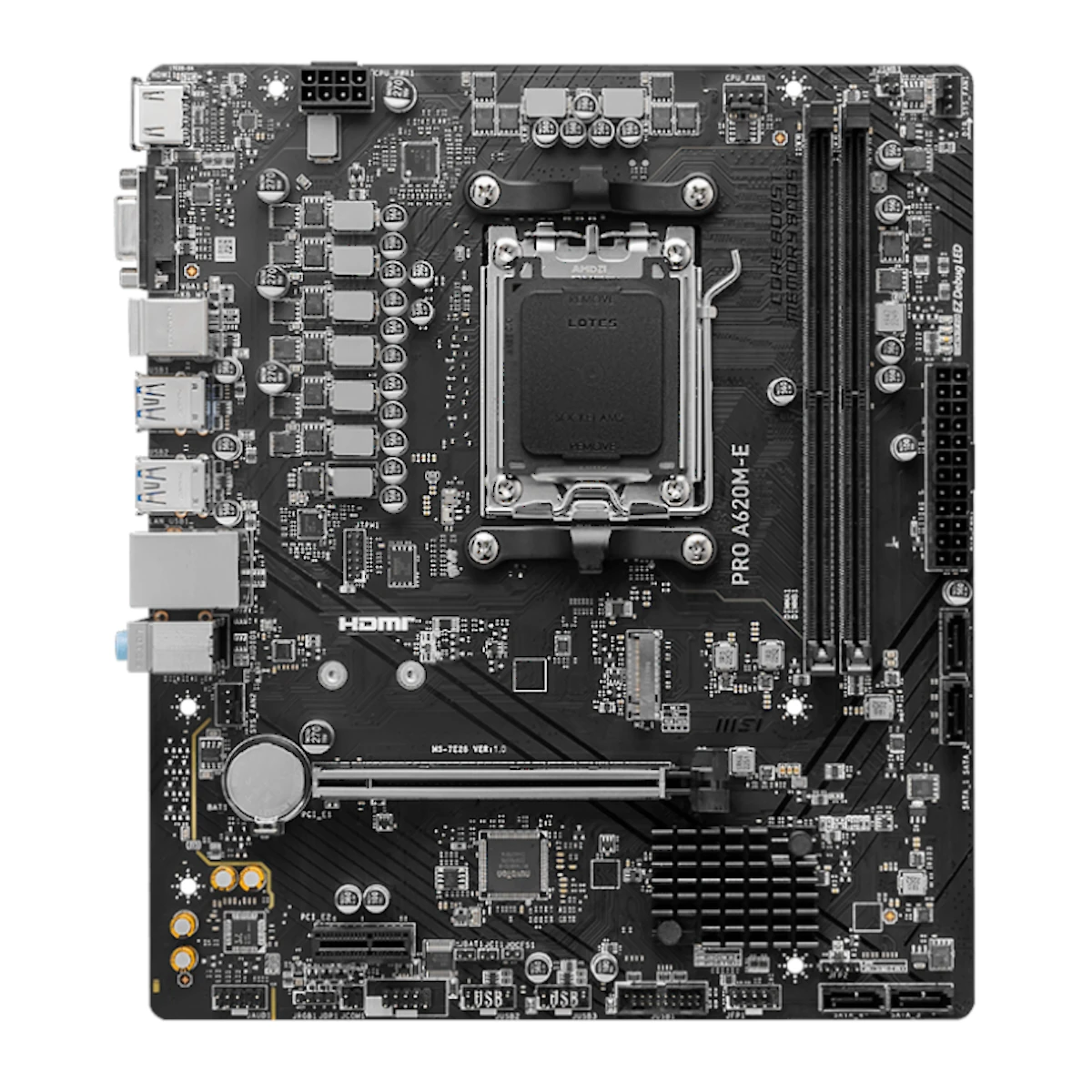 Vista lateral de Motherboard MSI Am5 PRO A620M-E Ddr5 Box