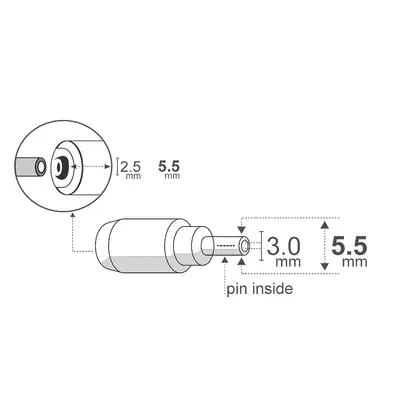 Detalles accesorios de Adaptador Dc Hueco 5,5 X 2,5 Mm Hembra A 5,5 X 3,0 Mm C/Pin Interior Macho