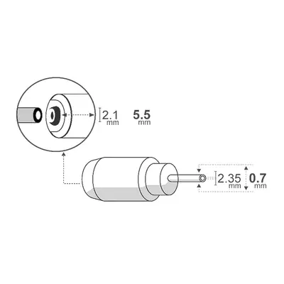 Detalles accesorios de Adaptador Dc Hueco 5,5 X 2,1 Mm Hembra A 2,35 X 0,7 Mm Macho