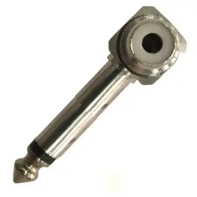 Vista lateral de Adaptador Plug 6,5 Mono Macho A Rca Hembra Metalico 90 Grados