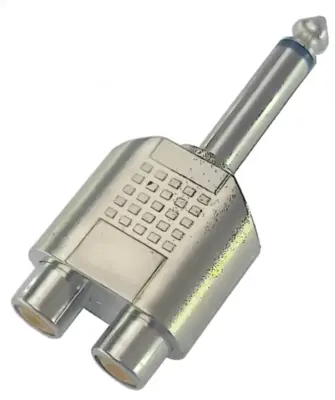 Vista lateral de Adaptador Plug 6,5 Mono Macho A 2 Rca Hembra Plastico Plateado