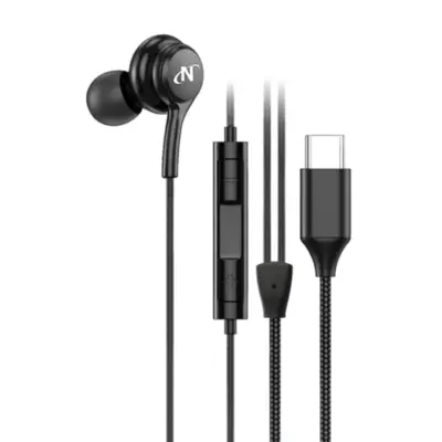 Vista lateral de Auricular C/Mic P/Celular Con Conector Tipo C NISUTA Blanco