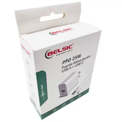 Detalles accesorios de Cargador 25W Usb-C Carga Rapida Pd + USB-A QC Belsic Con 2 Cables