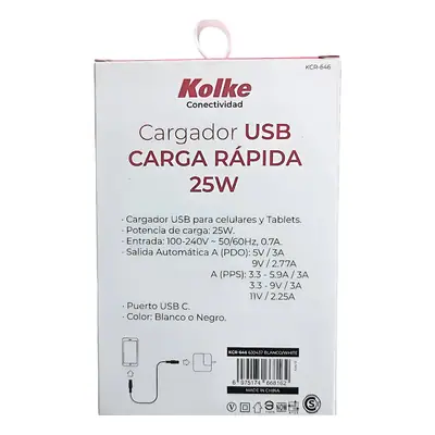 Detalles accesorios de Cargador 25W Usb-C Carga Rapida Pdo/Pps Sin Cable Kolke Kcr-646