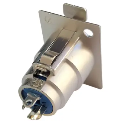 Vista lateral de Ficha Canon 3 Pines Hembra Chasis Con Traba Plata