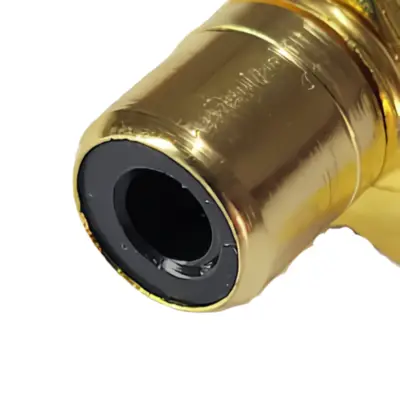 Vista lateral de Conector Ficha Rca Hembra Metal Dorada Rosca Chasis Negro