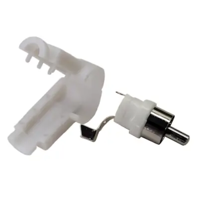 Vista lateral de Conector Ficha Rca Macho 90 Grados Plastico Blanco