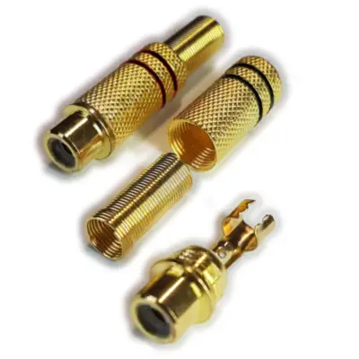 Detalles accesorios de Conector Ficha Rca Hembra Metal Dorada Aro Negro
