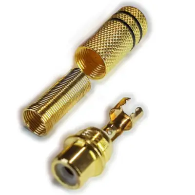 Vista lateral de Conector Ficha Rca Hembra Metal Dorada Aro Rojo