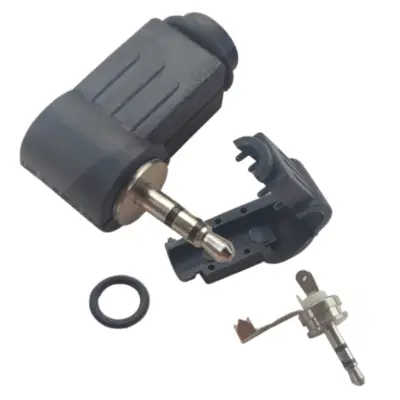 Detalles accesorios de Conector Ficha Miniplug 2,5 Macho Estereo Plastico 90 Grados Negro