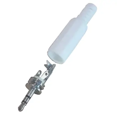 Vista lateral de Conector Ficha Miniplug 2,5 Macho Estereo Plastico Blanco