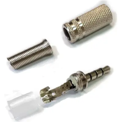 Vista lateral de Conector Ficha Miniplug 3,5 4 Polos Macho Metal Plata