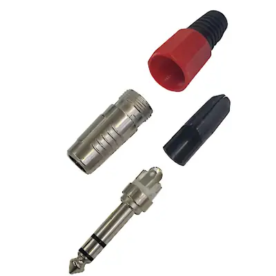 Vista lateral de Conector Ficha Estereo Plug 6,5 Macho Tipo Neutrik Rojo