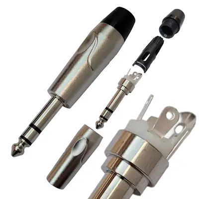 Detalles accesorios de Conector Ficha Estereo Plug 6,5 Macho Metal Alta Calidad Plata