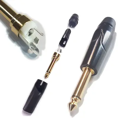 Detalles accesorios de Conector Ficha Mono Plug 6,5 Macho Metal Alta Calidad Negro Aro Negro