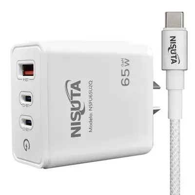 Cargador 65W Usb-C Pd X 2 + Usb-A Qc Carga Rapida Nisuta Con Cable