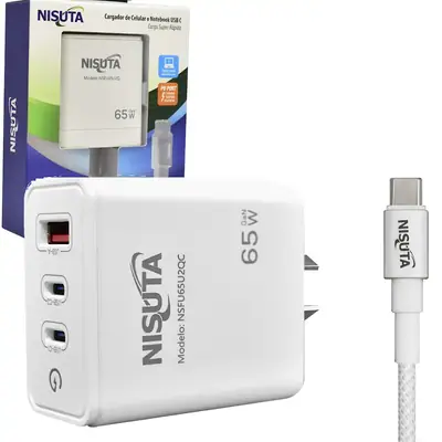 Detalles accesorios de Cargador 65W Usb-C Pd X 2 + Usb-A Qc Carga Rapida Nisuta Con Cable