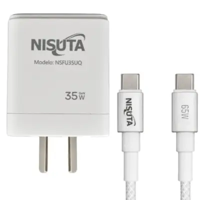 Vista lateral de Cargador 35W Usb-C Pd + Usb-A Qc Carga Rapida Nisuta Con Cable