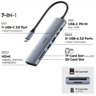 Vista lateral de Adaptador Conversor Usb C Macho / Hdmi + USB-A + USB-C + PD + Lector Tarjetas SD y TF
