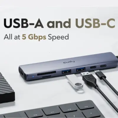 Detalles accesorios de Adaptador Conversor Usb C Macho / Hdmi + USB-A + USB-C + PD + Lector Tarjetas SD y TF
