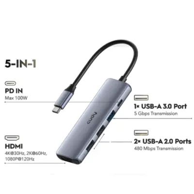 Vista lateral de Hub Usb C 3.0 5 Puertos Usb A 3.0 Negro Cudy UH405