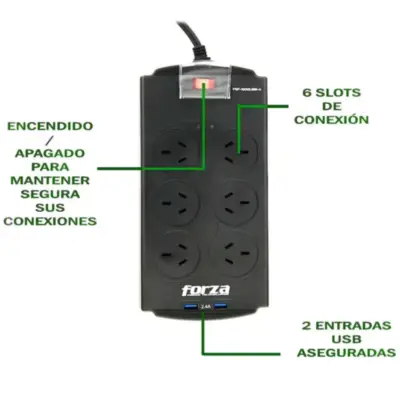 Detalles accesorios de Protector De Tension 220V 2200W Forza Fvp-602USB-A 6 tomas
