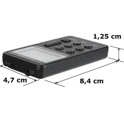 Vista lateral de Radio Portatil Am/Fm Ultra compacta HRD-103 con auricular