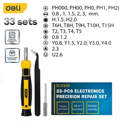 Detalles accesorios de Kit Destornilladores 33 Piezas Deli DL1033D