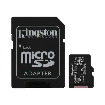 Vista lateral de Memoria Micro Sd 64Gb Kingston Cl10 Canvas Select Plus C/Adaptador 100 Mb/S
