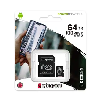 Detalles accesorios de Memoria Micro Sd 64Gb Kingston Cl10 Canvas Select Plus C/Adaptador 100 Mb/S