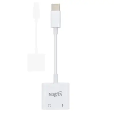 Vista lateral de Adaptador Audio Usb-C Macho a Auricular Miniplug Hembra + Usb-C P/Carga Nisuta
