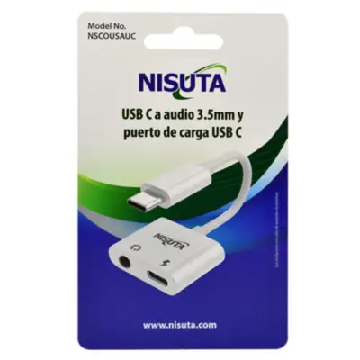 Detalles accesorios de Adaptador Audio Usb-C Macho a Auricular Miniplug Hembra + Usb-C P/Carga Nisuta