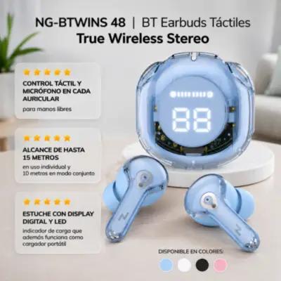 Vista lateral de Auricular Inalambrico Noga Btwins 48 Bluetooth Celeste
