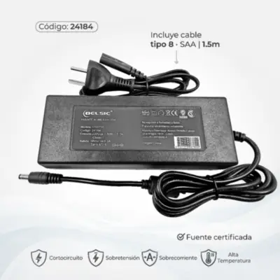 Vista lateral de Fuente 19 V 6,3 A Belsic 24184 Cargador P/Notebook Ficha 5,5 X 2,5 Mm