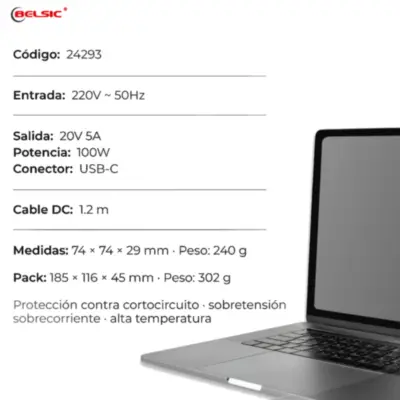 Vista lateral de PD Fuente 20 V 5 A Belsic 24293 Cargador P/Notebook Ficha Tipo USB-C 100W