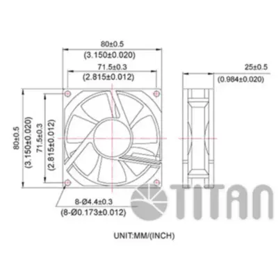 Vista lateral de Fan 80Mm Molex 25Mm Espesor 2500Rpm Buje Titan