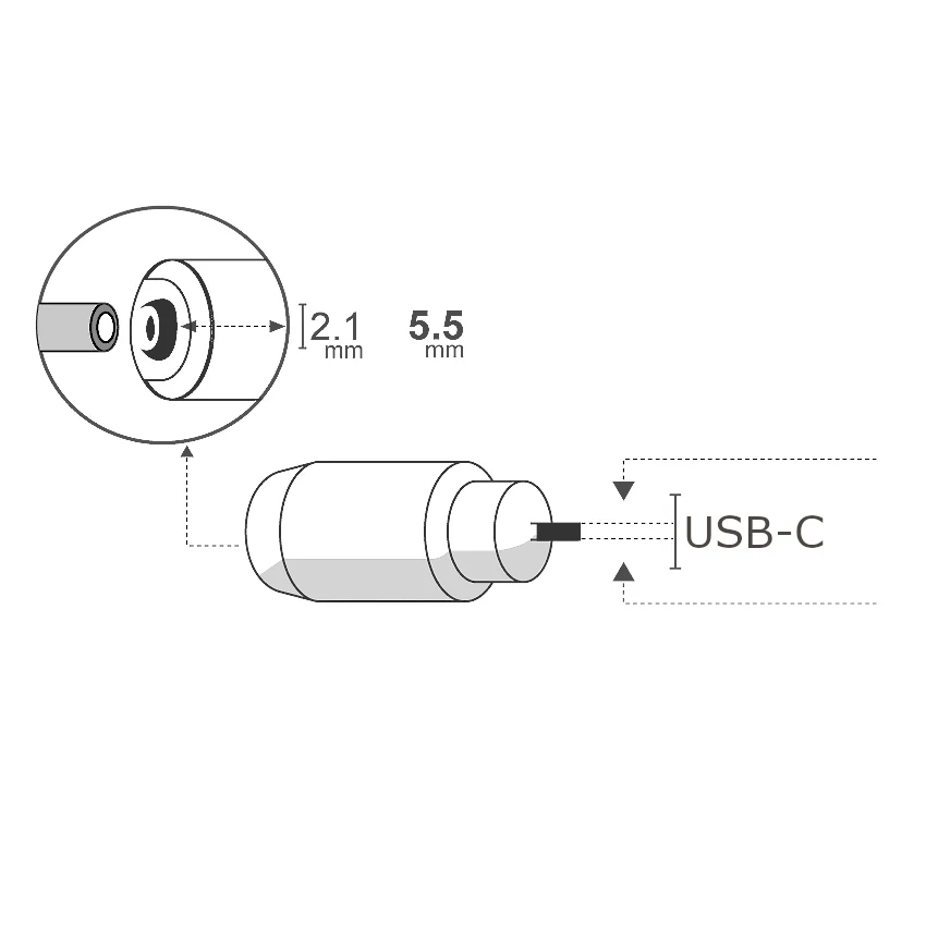 Detalles accesorios de Adaptador Dc Hueco 5,5 X 2,1 Mm Hembra A Usb C