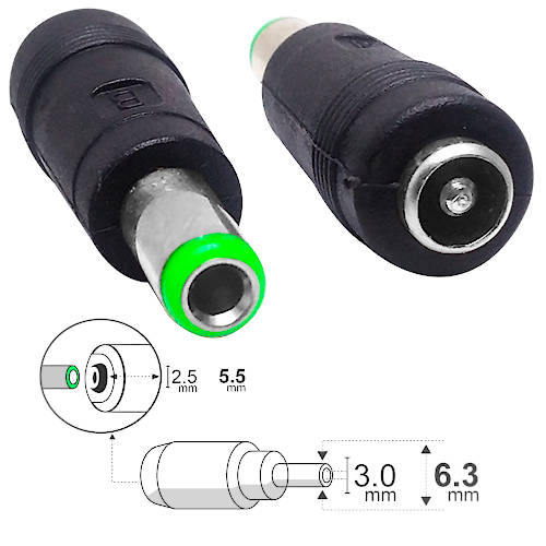 ADAPTADOR DC HUECO 5,5 x 2,5 mm HEMBRA a 6,3 x 3,0 mm MACHO ADAPTADOR DC HUECO 5,5 x 2,5 mm HEMBRA a 6,3 x 3,0 mm MACHO