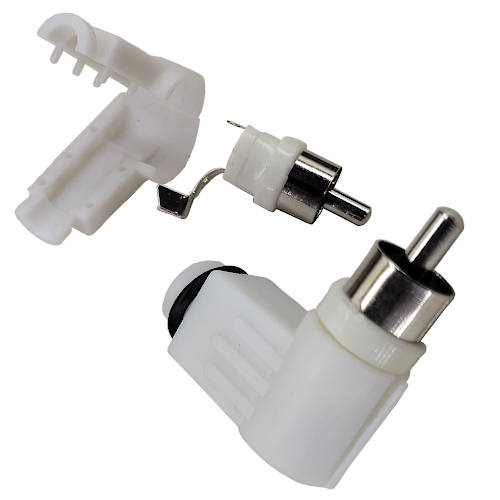 CONECTOR FICHA RCA MACHO 90 GRADOS PLASTICO BLANCO