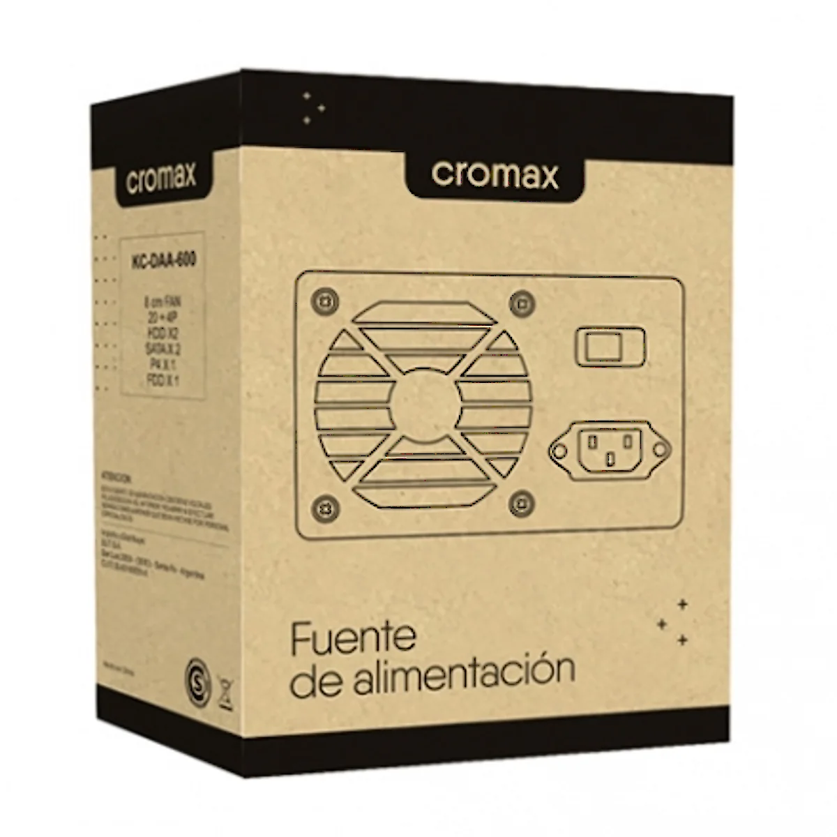 Vista lateral de Fuente 600W Cromax 24 (20+4) Sata Fan 8Cm Negra Box