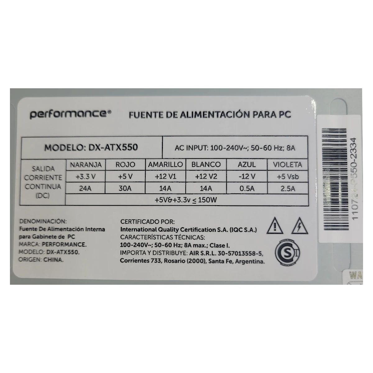 Detalles accesorios de Fuente 550W 20+4 Satax4 Box Fan 8Cm Performance