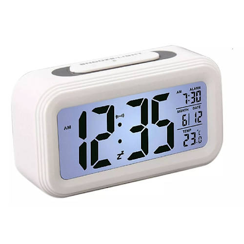 RELOJ DESPERTADOR BLANCO CON FECHA Y TEMPERATURA 