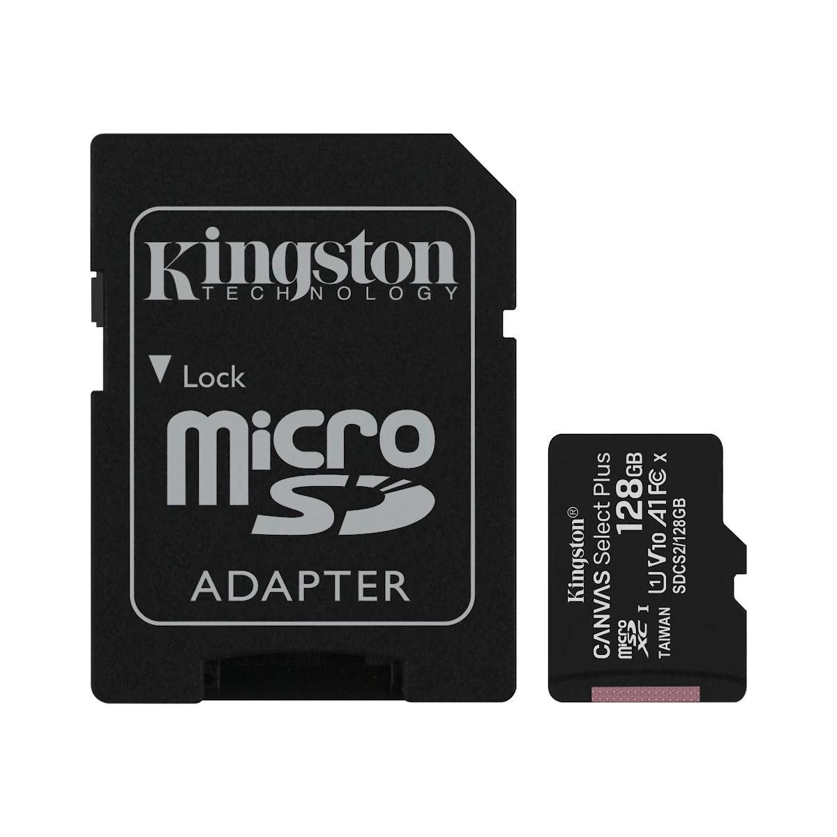 Vista lateral de Memoria Micro Sd 128Gb Kingston Cl10 Canvas Select Plus C/Adaptador 100 Mb/S