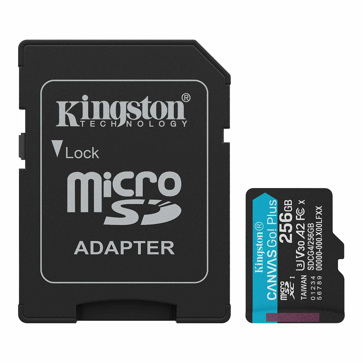 Vista lateral de Memoria Micro Sd 256Gb Kingston Cl10 Canvas Go Plus C/Adaptador 200 Mb/S