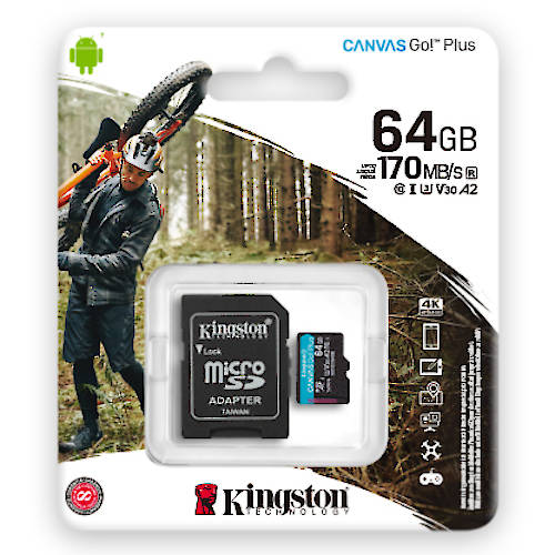 MEMORIA MICRO SD 64GB KINGSTON CL10 CANVAS GO PLUS C/ADAPTADOR 170 MB/s