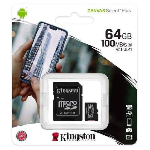 MEMORIA MICRO SD 64GB KINGSTON CL10 CANVAS SELECT PLUS C/ADAPTADOR 100 MB/s