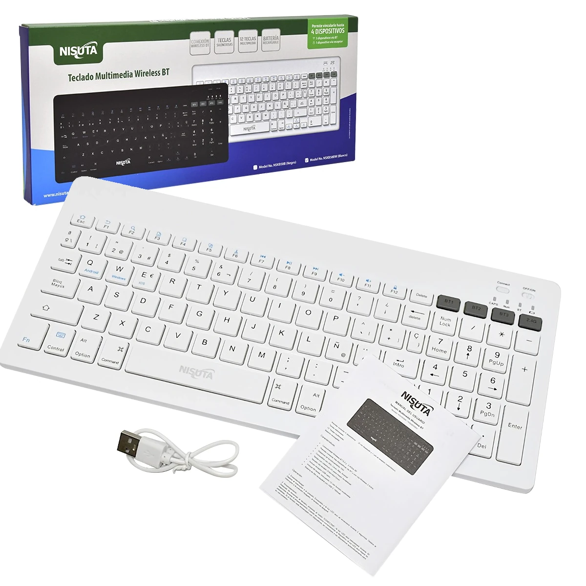 Detalles accesorios de Teclado Nisuta Inalambrico + Bluetooth Compacto Espanol Blanco Recargable